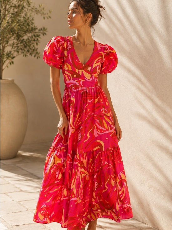 1. State Dresses & Skirts - 1. State Pink & Coral Swirl Puff-Sleeve Maxi Dress